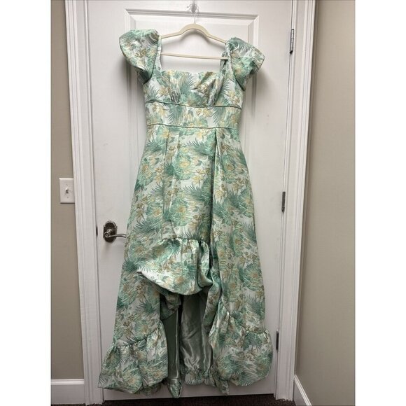 MAC DUGGAL Size 12 Green Floral Brocade 68276 Puff Sleeve High Low Gown Dress - Picture 5 of 12
